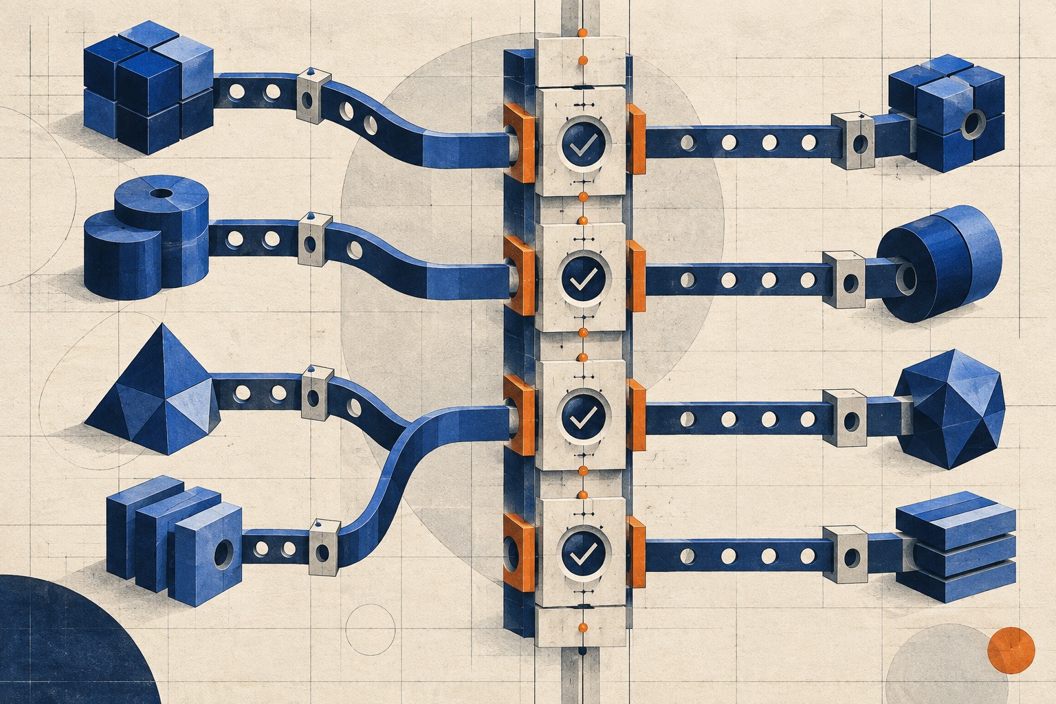 Different cobalt agent runtimes connected through one shared navy control spine with orange enforcement gates and verification seals
