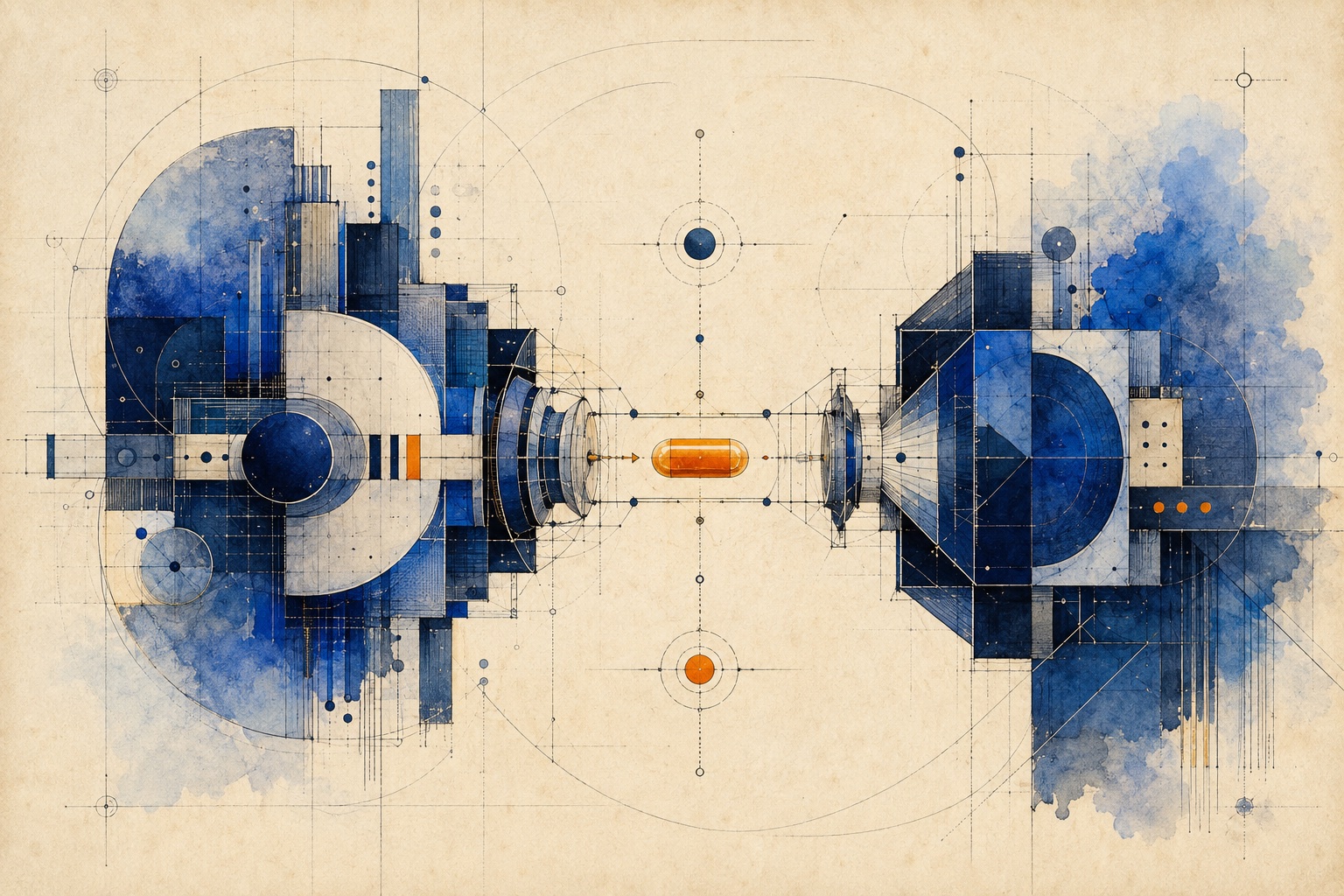Two cobalt geometric AI systems exchanging an orange task capsule through a precise verification boundary
