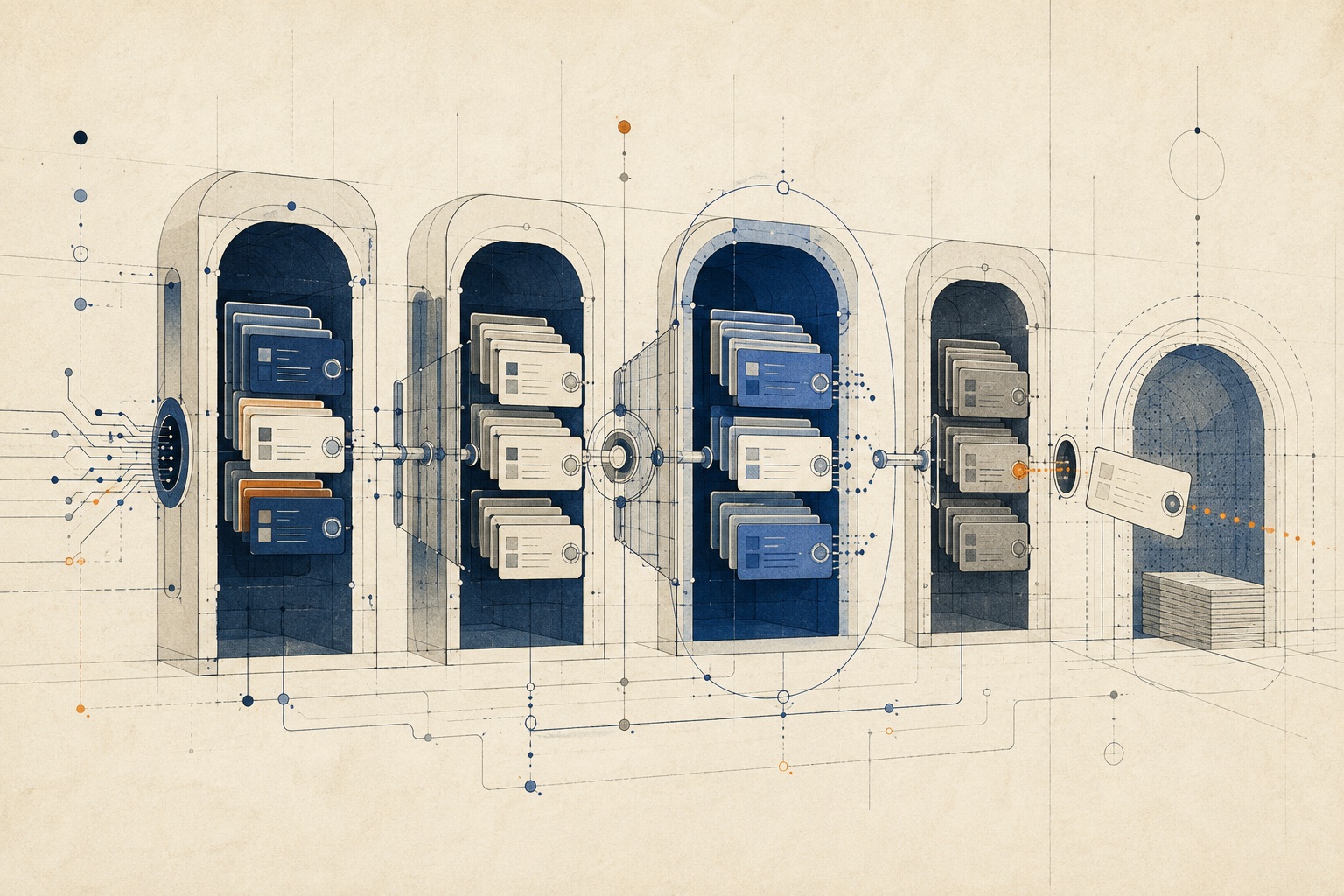Abstract registry records moving through navy and cobalt approval chambers toward an orange expiry marker on ivory paper