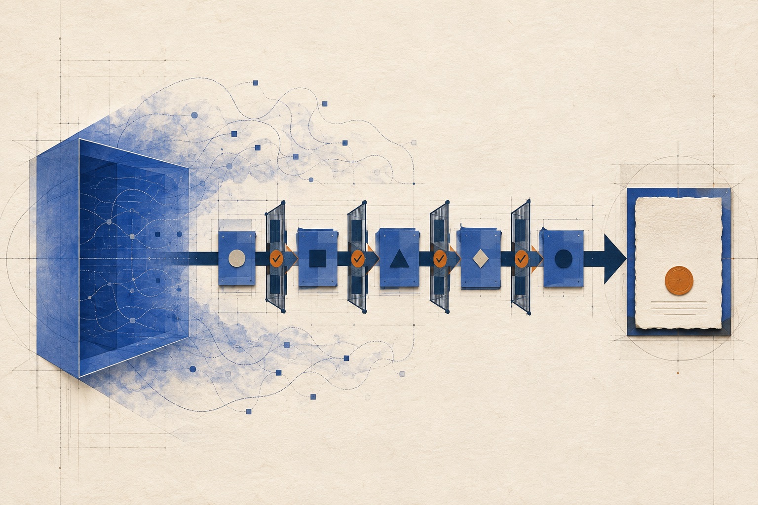 A diffuse cobalt reasoning chamber separated from a precise sequence of verified action records and an orange-sealed receipt