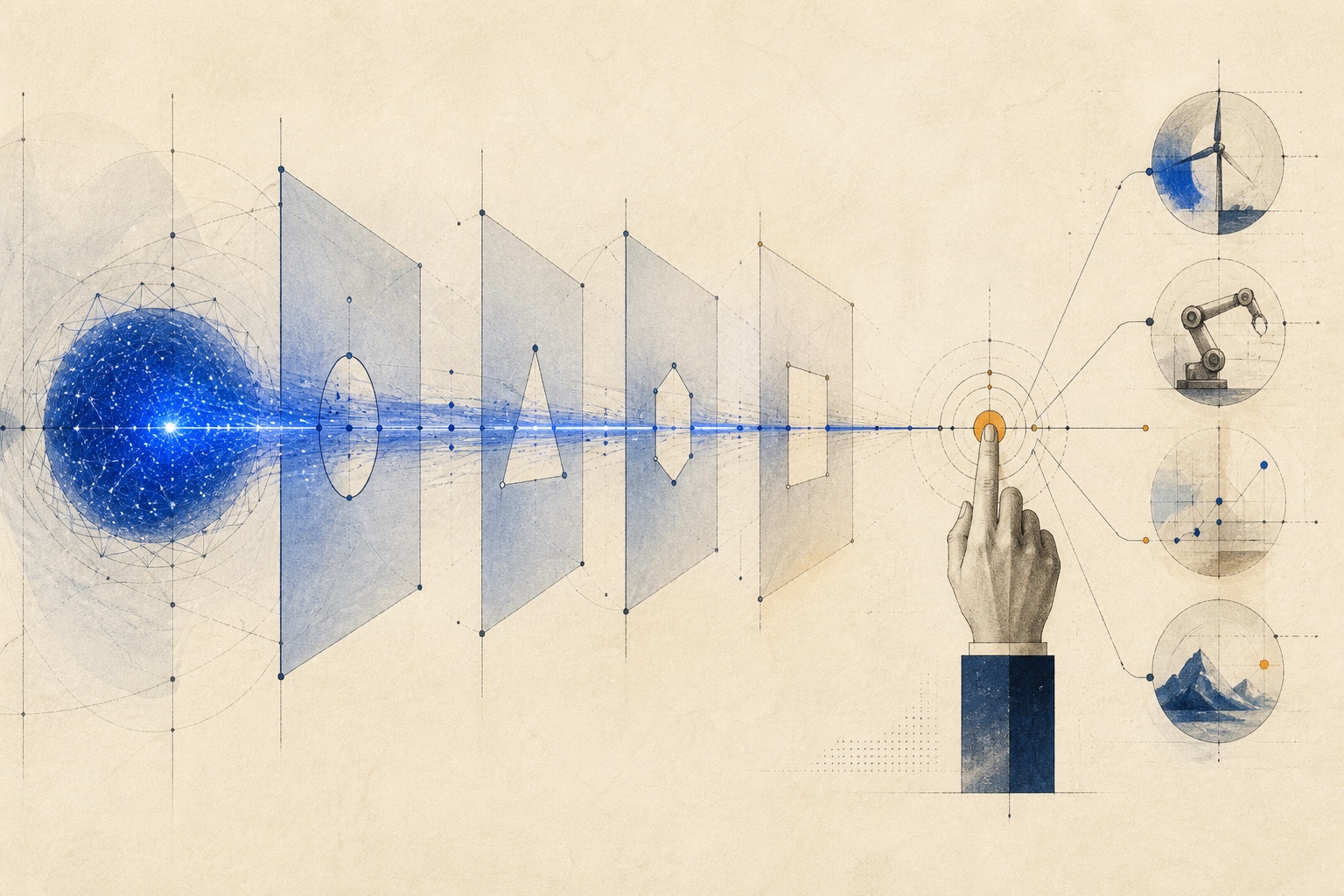 A cobalt AI system passing through permission gates toward tools controlled by a human approval point
