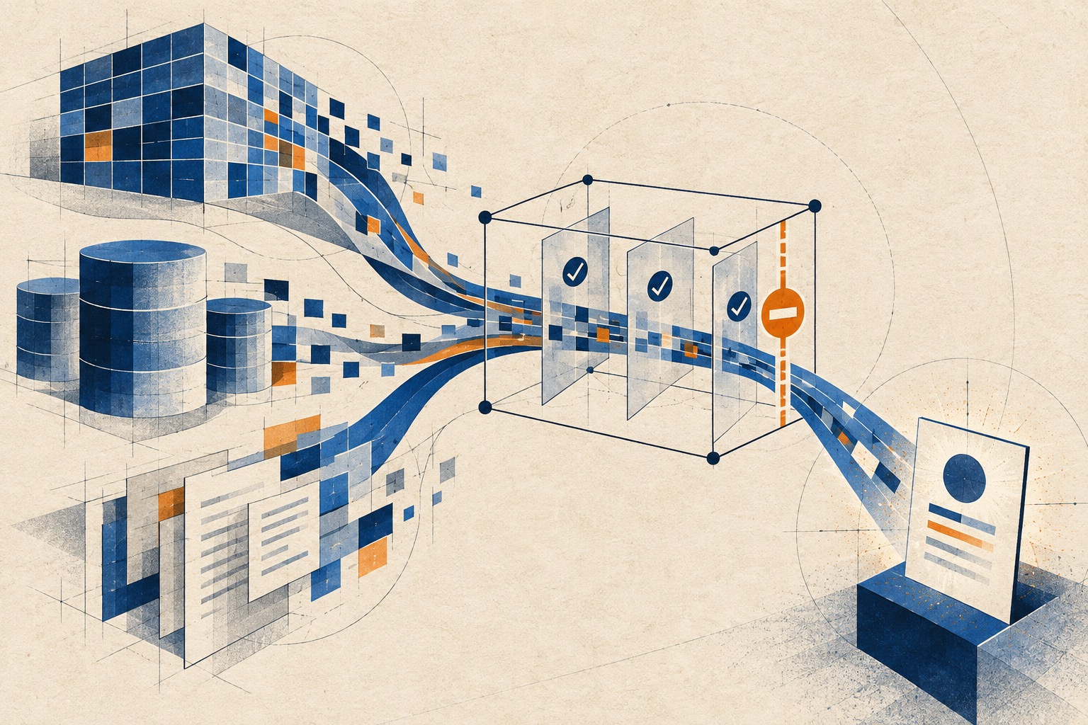 Cobalt data paths from a warehouse, databases, and documents converging through a bounded investigation frame and orange stop gate