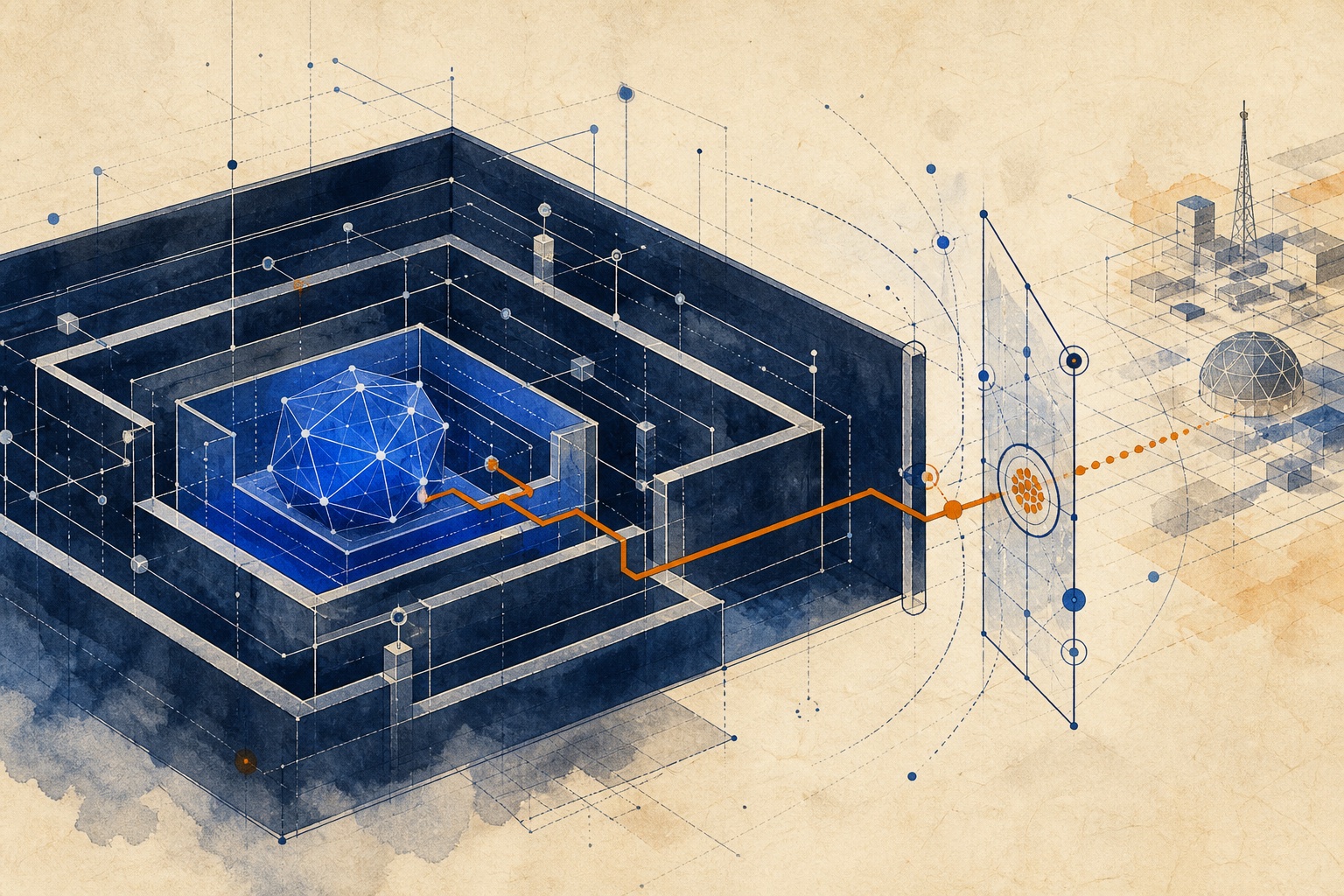 A cobalt AI evaluation chamber enclosed by navy containment layers as an orange path meets a monitoring gate