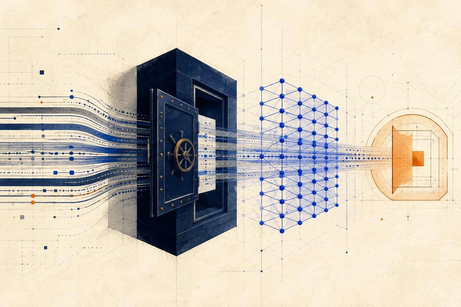 Navy telemetry streams passing through a secure vault, cobalt detection lattice, and orange review boundary on ivory paper