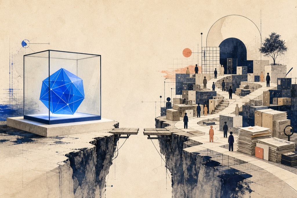A luminous blue AI prototype separated by a broken bridge from a complex working organisation