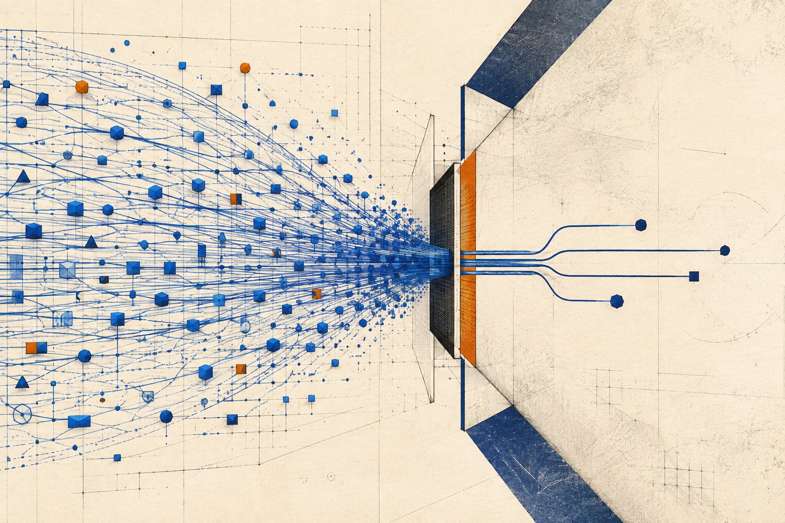 Dense cobalt experiment paths passing through a narrow orange review gate and emerging as a few verified decision lines