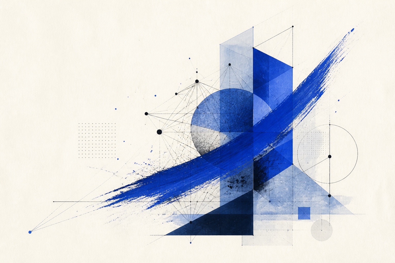 Abstract cobalt geometry and painterly data pathways merging on textured paper