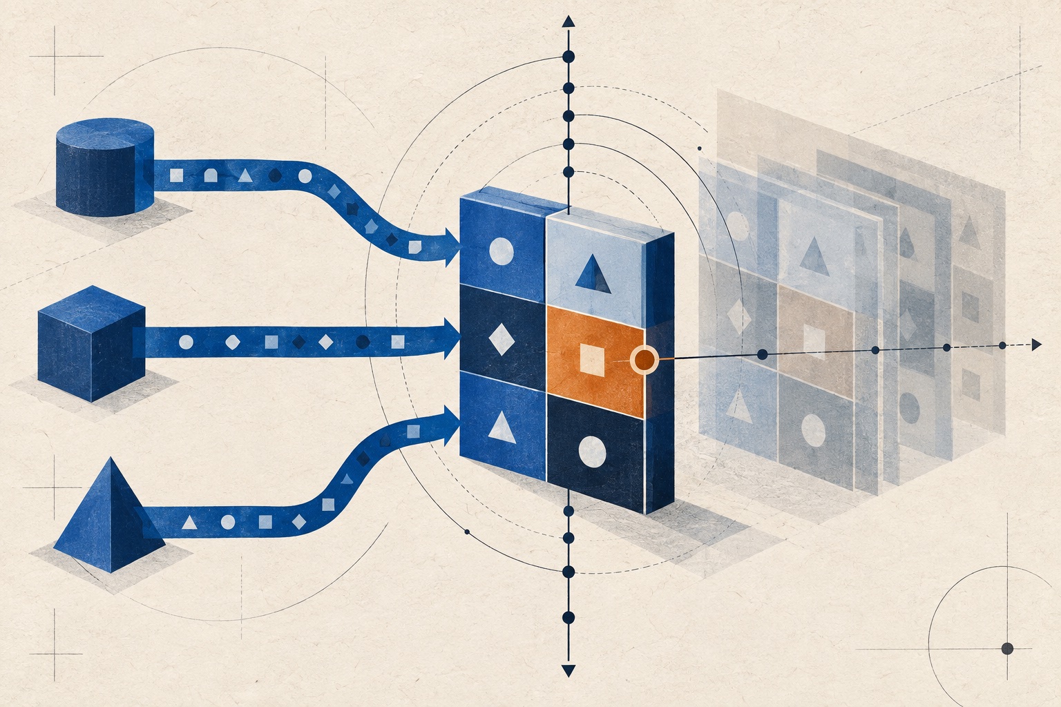 Three cobalt data pipelines updating separate tiles of one feature record across a navy time axis with an orange accepted-write checkpoint